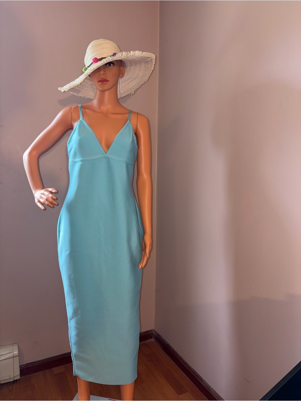 Hello Molly Aqua Blue Double-Strap V-Neck Midi Dress